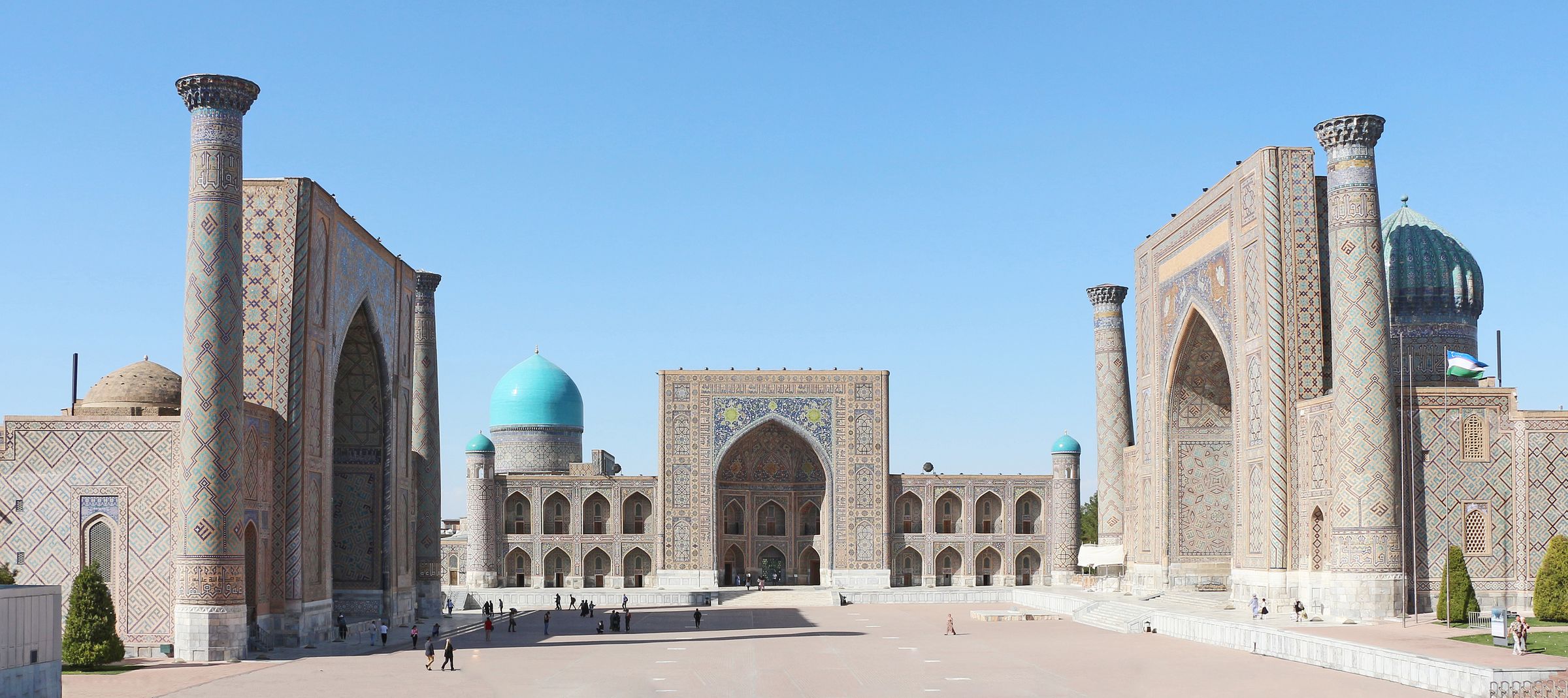Registan Square in Samarkand, with its turquoise domes and mosaic-covered madrasahs